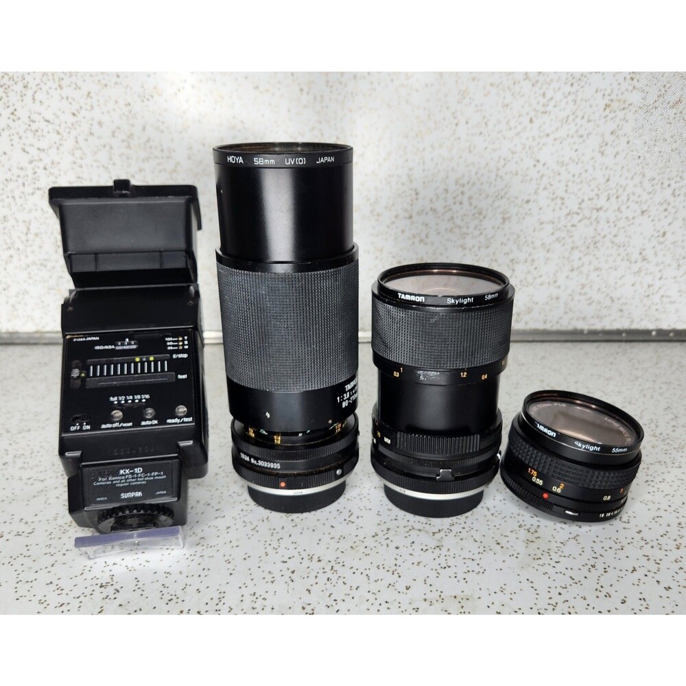 Vintage Lot Mixed 35mm Camera Tamron Hexanon Lenses & Sunpak Flash Konica FS-1
